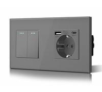 BSEED Interruptor Conmutador y Enchufe USB C,Basculante Con Luz de Orientación,Marco de Cristal,Fácil Instalación,Fáciles de Limpiar,2 Gang 2 Vía Con Enchufe USB/Tipo C,157mm Gris