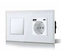 BSEED Interruptor Conmutador y Enchufe USB C,Basculante Con Luz de Orientación,Marco de Cristal,Fácil Instalación,Fáciles de Limpiar,1 Gang 2 Vía Con Enchufe USB/Tipo C,157mm Blanco