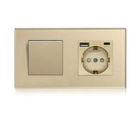 BSEED Interruptor Cruzamiento y Enchufe USB C,Basculante Con Pilotitos LED,Marco de Cristal,Fácil Instalación,Fáciles de Limpiar,1 Gang 3 Vía Con Enchufe USB/Tipo C,157mm Oro