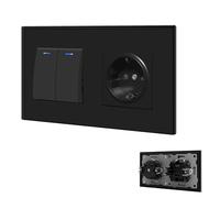 BSEED Interruptor de Cristal 2 Gang 1 Vía Con Enchufe Schuko y Pulsador Empotrable, Indicador Luminoso LED Para Salón, Oficina, Cocina -Negro