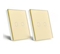 BSEED Interruptor de Luz 2 Gang 1 Vía interruptor tactil pared Oro con indicador LED,Interruptor de Luz con panel de vidrio templado,sin cable neutro,2 Paquete(Carga máxima:500W)
