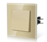 BSEED Interruptor de luz Con Cristal,Interruptor luz pared con Garfio,interruptor conmutador,Botón Pulsador,Fácil Instalación,E-Series,1 Gang 2 Vía,86mm Oro