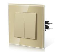 BSEED Interruptor de luz Con Cristal,Interruptor luz pared con Garfio,interruptor conmutador,Botón Pulsador,Fácil Instalación,E-Series,2 Gang 2 Vía,86mm Oro