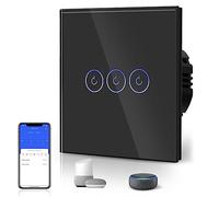 BSEED Interruptor de Luz Táctil Inteligente WIFI, Interruptor Táctil de Pared con Panel de Cristal Compatible con Alexa/Tuya/Smart Life (Requiere Cable Neutro) 3 Gang 1 Vía Negro