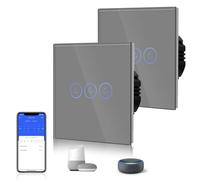 BSEED Interruptor de Luz Táctil Inteligente WIFI, Interruptor Táctil de Pared con Panel de Cristal Compatible con Alexa/Tuya/Smart Life (Requiere Cable Neutro) 3 Gang 2 Vía Gris, 2 Paquetes