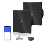 BSEED Interruptor de Luz Táctil Inteligente WIFI, Interruptor Táctil de Pared con Panel de Cristal Compatible con Alexa/Tuya/Smart Life (Requiere Cable Neutro) 1 Gang 2 Vía Negro, 2 Paquetes