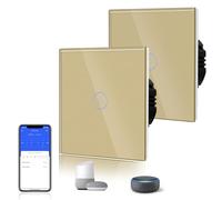 BSEED Interruptor de Luz Táctil Inteligente WIFI, Interruptor Táctil de Pared con Panel de Cristal Compatible con Alexa/Tuya/Smart Life (Requiere Cable Neutro) 1 Gang 2 Vía Oro, 2 Paquetes