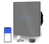 BSEED Interruptor de Luz Táctil Inteligente WIFI, Interruptor Táctil de Pared con Panel de Cristal Compatible con Alexa/Tuya/Smart Life (Requiere Cable Neutro) 3 Gang 1 Vía Gris