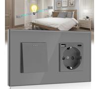 BSEED Interruptor de pared con Enchufe Gris,1 Gang 2 Vías Interruptor conmutador+16A Schuko Enchufe con 1 Puerto Tipo C y 1 Puertos USB