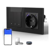 BSEED Interruptor Inteligente WIFI con Vidrio,Basculante Con Pilotitos LED,Requiere Cable Neutro,E-Series,3 Gang 1 Vía mit 20 W Enchufe-AC,157mm Negro