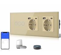 BSEED Interruptor Inteligente WIFI,Interruptores Tactil Con Cristal,Compatible con Alexa,Tuya y Smart Life,Requiere Cable Neutro,3 Gang 1 Vía + 2 Enchufes USB/Tipo C,228mm Oro