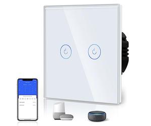 BSEED Interruptor Inteligente WIFI,Interruptores Tactil Con Cristal,Compatible con Alexa,Tuya y Smart Life,Requiere Cable Neutro,2 Gang 1 Vía,86mm Blanco
