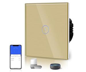 BSEED Interruptor Inteligente WIFI,Interruptores Tactil Con Cristal,Compatible con Alexa,Tuya y Smart Life,Requiere Cable Neutro,1 Gang 1 Vía,86mm Oro