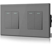 BSEED Interruptor pared Normal,Basculante Con Luz de Orientación,Marco de Cristal,Fácil Instalación,Fáciles de Limpiar,Doble 2 Gang 1 Vía,157mm Gris