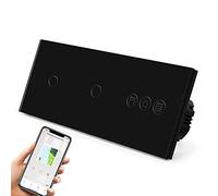 BSEED Interruptor Persiana WiFi,interruptores tactil empotrado,Inteligente Control de Porcentaje,Panel de Cristal,Control Remoto,Requiere Cable Neutro,2 * 1 Gang + Persiana,228mm Negro