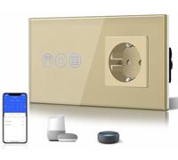 BSEED Interruptor Persiana WiFi,interruptores tactil empotrado,Inteligente Control de Porcentaje,Panel de Cristal,Control Remoto,Requiere Cable Neutro,Persiana + 1 Enchufe,157mm Oro
