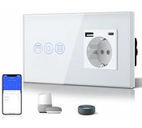 BSEED Interruptor Persiana WiFi,interruptores tactil empotrado,Inteligente Control de Porcentaje,Panel de Cristal,Control Remoto,Requiere Cable Neutro,Persiana + 1 Enchufe con USB/Tipo-C,157mm Blanco