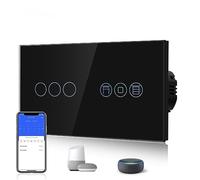 BSEED Interruptor Persiana WiFi,interruptores tactil empotrado,Inteligente Control de Porcentaje,Panel de Cristal,Control Remoto,Requiere Cable Neutro,3 Gang 1 Vía + Persiana,157mm Negro