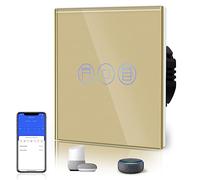 BSEED Interruptor Persiana WiFi,interruptores tactil empotrado,Inteligente Control de Porcentaje,Panel de Cristal,Control Remoto,Requiere Cable Neutro,86mm Oro