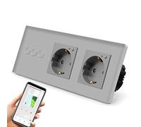 BSEED Interruptor Persiana WiFi,interruptores tactil empotrado,Inteligente Control de Porcentaje,Panel de Cristal,Control Remoto,Requiere Cable Neutro,Persiana + 2 Wifi Enchufes,228mm Gris