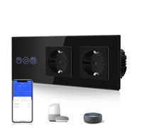 BSEED Interruptor Persiana WiFi,interruptores tactil empotrado,Inteligente Control de Porcentaje,Panel de Cristal,Control Remoto,Requiere Cable Neutro,Persiana + 2 Enchufes,228mm Negro