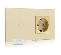 BSEED Interruptor regulador de luz con enchufe,1 Gang 2 Vías LED Dimmer Switch con Schuko Enchufe,16A 250V Enchufe de pared,Interruptor de luz con pantalla táctil Oro(Adaptador Led requerido)
