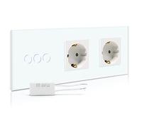 BSEED Interruptor regulador de luz con enchufe doble,1 Gang 1 Vía LED Dimmer Switch con Schuko Enchufe,16A 250V Enchufe de pared,Interruptor de luz con pantalla táctil Blanco(Adaptador Led requerido)