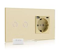 BSEED Interruptor regulador de luz con enchufe USB,2 Gang 1 Vía LED Dimmer Switch con pantalla táctil Oro,16A 250V Enchufe de pared con 1 Puerto Tipo C y 1 Puertos USB(Adaptador Led requerido)