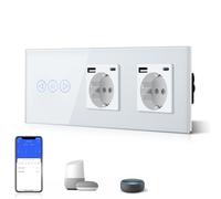 BSEED Interruptor regulador WiFi Smart Alexa Touch + doble enchufe 3 en 1 con potencia de carga USB de 2,1 A + adaptador tipo C, compatible con Google Home Tuya, interruptor táctil de vidrio (requiere