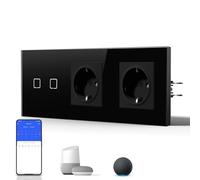 BSEED Interruptor Táctil de Pared Inteligente,Panel de Cristal,Pulsador con Pilotitos LED,Fáciles de Limpiar,E-Series,2 Gang 1 Vía + 2 Enchufes,228mm Negro