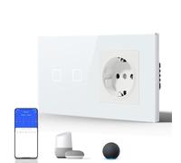 BSEED Interruptor Táctil de Pared Inteligente,Panel de Cristal,Pulsador con Pilotitos LED,Fáciles de Limpiar,E-Series,2 Gang 1 Vía + 1 Enchufe,157mm Blanco