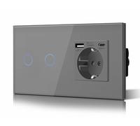 BSEED Interruptor Tactil luz pared,Vidrio Panel con luz Piloto,Sin Función Wifi,2 Gang 1 Vía,157mm Gris