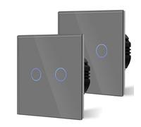 BSEED Interruptor Tactil luz pared,Vidrio Panel con luz Piloto,Sin Función Wifi,2 Gang 1 Vía - 2 Paquetes,86mm Gris