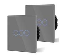 BSEED Interruptor Tactil luz pared,Vidrio Panel con luz Piloto,Sin Función Wifi,3 Gang 1 Vía - 2 Paquetes,86mm Gris