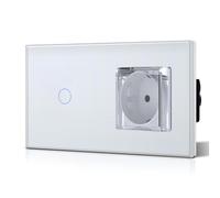 BSEED Interruptor Tactil y Enchufe Estanco, Exterior Enchufes Empotrable Con Cristal,Seguridad infantil,Fácil Instalación,1 Gang 1 Vía + 1 Enchufe,157mm Blanco