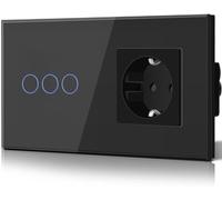 BSEED Interruptor táctil y enchufe pared,Panel de Vidrio con pulsador LED,Conmutador Modernos,Sin Función Wifi,3 Gang 1 Vía+1 Enchufe,157mm Negro