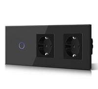 BSEED Interruptor táctil y enchufe pared,Panel de Vidrio con pulsador LED,Conmutador Modernos,Sin Función Wifi,1 Gang 1 Vía+2 Enchufes,228mm Negro