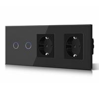 BSEED Interruptor táctil y enchufe pared,Panel de Vidrio con pulsador LED,Conmutador Modernos,Sin Función Wifi,2 Gang 1 Vía+2 Enchufes,228mm Negro