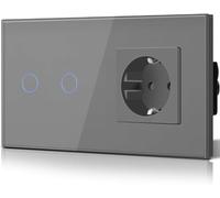 BSEED Interruptor táctil y enchufe pared,Panel de Vidrio con pulsador LED,Conmutador Modernos,Sin Función Wifi,2 Gang 1 Vía+1 Enchufe,157mm Gris
