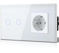 BSEED Interruptor táctil y enchufe pared,Panel de Vidrio con pulsador LED,Conmutador Modernos,Sin Función Wifi,2 Gang 1 Vía+1 Enchufe,157mm Blanco