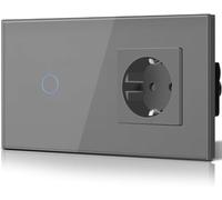 BSEED Interruptor táctil y enchufe pared,Panel de Vidrio con pulsador LED,Conmutador Modernos,Sin Función Wifi,1 Gang 1 Vía+1 Enchufe,157mm Gris