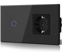 BSEED Interruptor táctil y enchufe pared,Panel de Vidrio con pulsador LED,Conmutador Modernos,Sin Función Wifi,1 Gang 1 Vía+1 Enchufe,157mm Negro