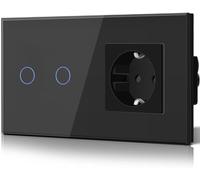 BSEED Interruptor táctil y enchufe pared,Panel de Vidrio con pulsador LED,Conmutador Modernos,Sin Función Wifi,2 Gang 1 Vía+1 Enchufe,157mm Negro