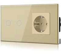 BSEED Interruptor táctil y enchufe pared,Panel de Vidrio con pulsador LED,Conmutador Modernos,Sin Función Wifi,2 Gang 1 Vía+1 Enchufe,157mm Oro