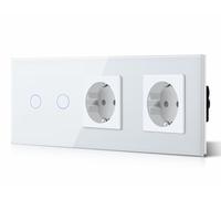 BSEED Interruptor táctil y enchufe pared,Panel de Vidrio con pulsador LED,Conmutador Modernos,Sin Función Wifi,2 Gang 1 Vía+2 Enchufes,228mm Blanco