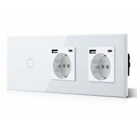 BSEED Interruptor táctil y enchufe pared,Toma de corriente con USB C,Panel de Vidrio con pulsador LED,Sin Función Wifi,1 Gang 1 Vía+2 Enchufes USB/Tipo C,228mm Blanco