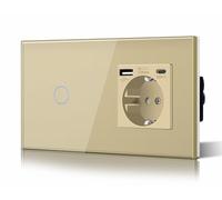 BSEED Interruptor táctil y enchufe pared,Toma de corriente con USB C,Panel de Vidrio con pulsador LED,Sin Función Wifi,1 Gang 2 V 1 Enchufe USB/Tipo C,157mm Oro