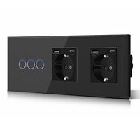 BSEED Interruptor táctil y enchufe pared,Toma de corriente con USB C,Panel de Vidrio con pulsador LED,Sin Función Wifi,3 Gang 1 Vía+2 Enchufes USB/Tipo C,228mm Negro