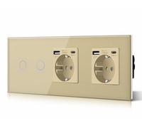 BSEED Interruptor táctil y enchufe pared,Toma de corriente con USB C,Panel de Vidrio con pulsador LED,Sin Función Wifi,2 Gang 1 Vía+2 Enchufes USB/Tipo C,228mm Oro