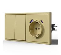 BSEED Interruptor y Enchufe,Enchufe USB C Con 20W,Interruptor pared con Mate,Basculante Con Placa Grande,Fácil Instalación,E-Series,2 Gang 1 Vía Con 20 W Enchufe-AC,150mm Oro